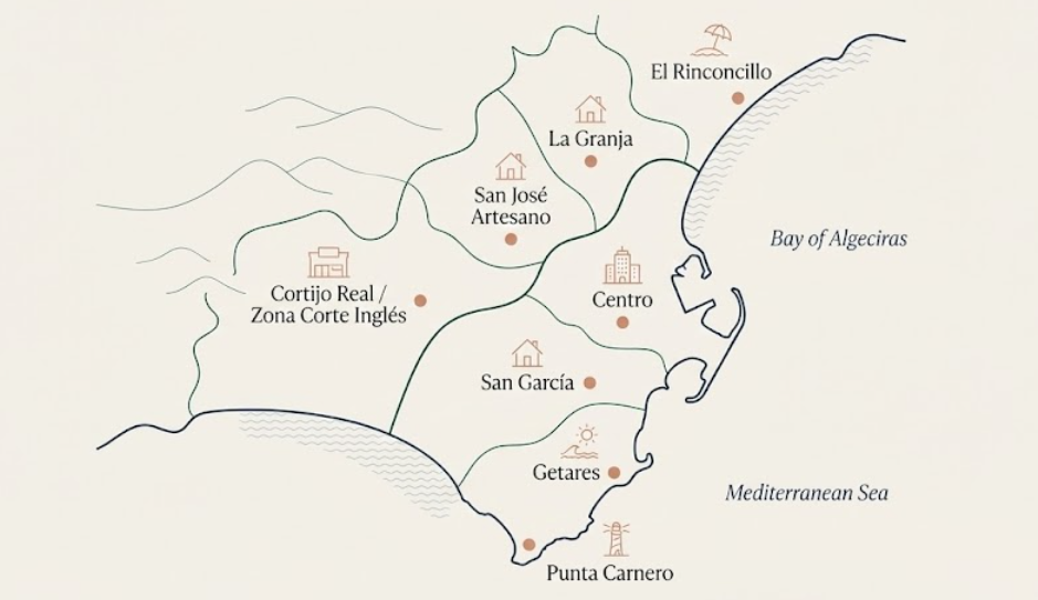 Mapa de zonas de trabajo de Vivir al Sur en Algeciras: Getares, San García, La Granja, San José Artesano, El Rinconcillo y Centro